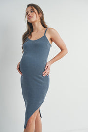 Denim Ribbed Bodycon Maternity Midi Dress with Side Slit