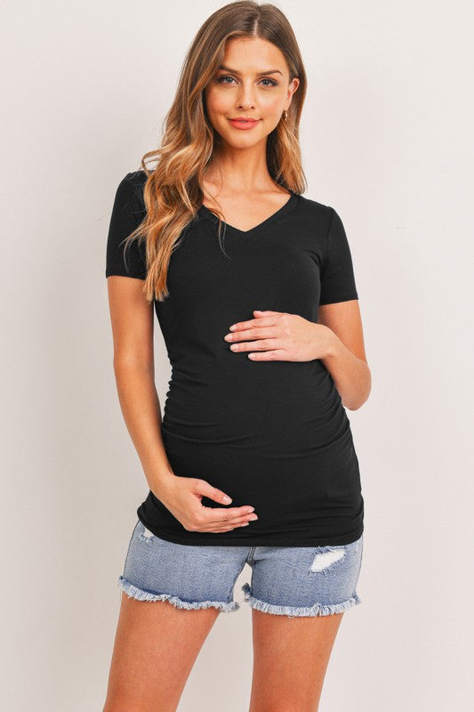 Modal Jersey V-Neck Maternity Short Sleeve Top- Black