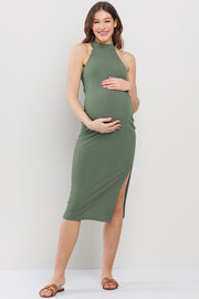 Olive Halter Maternity Midi Dress With Side Slit