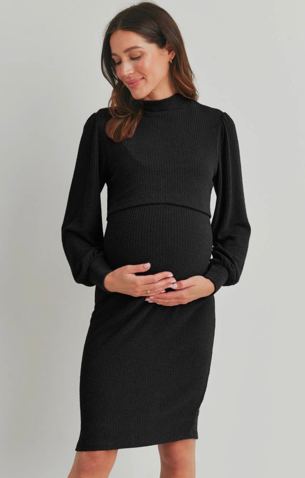 Black Ribbed Nursing Friendly Maternity Dress