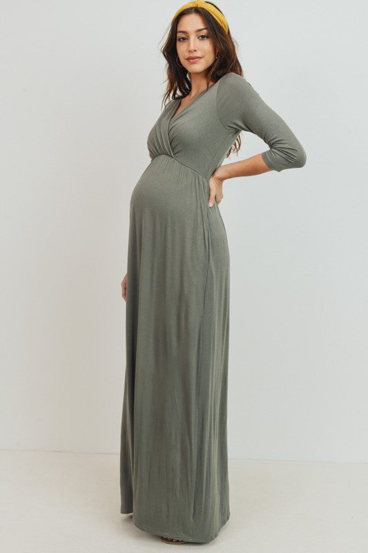 Olive 3/4 Sleeve Surplice Maternity Nursing Maxi Dress