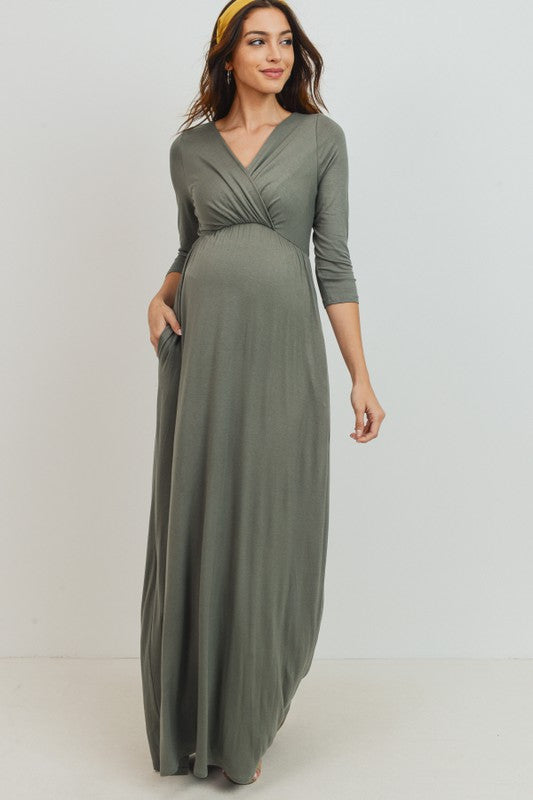 Olive 3/4 Sleeve Surplice Maternity Nursing Maxi Dress