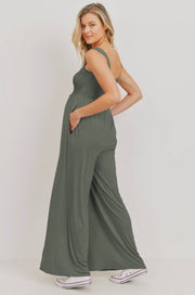 Olive Smocked Maternity + Postpartum Jumpsuit