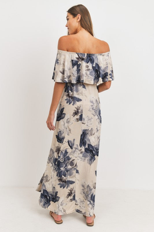 Taupe/Blue Floral Off Shoulder Maxi Dress