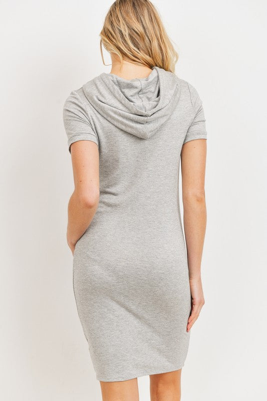 Short Sleeve Ruching Maternity Hoodie Dress- Heather Gray