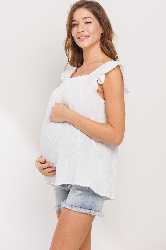 Ruffle Sleeve Maternity Cotton Top- Off White