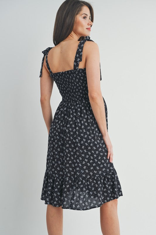 Black Smocked Tie-Shoulder Maternity Floral Midi Dress