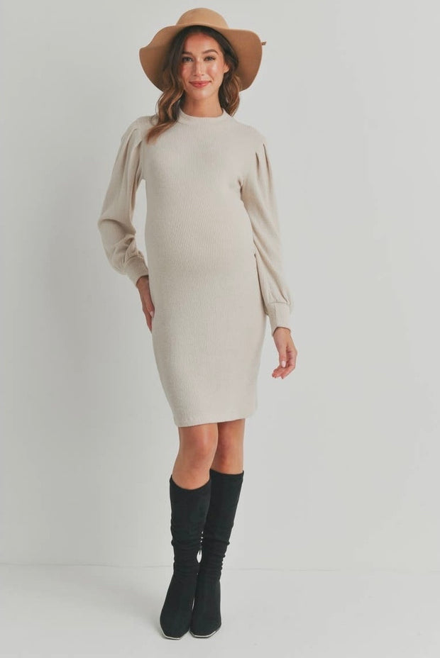 Cream Ribbed Fitted Maternity + Postpartum Dress