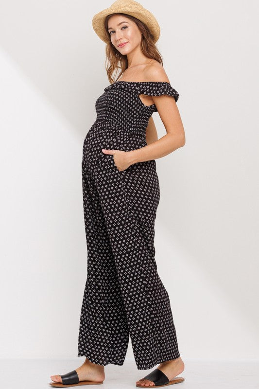 Ruffled Off Shoulder Maternity Jumpsuit- Black