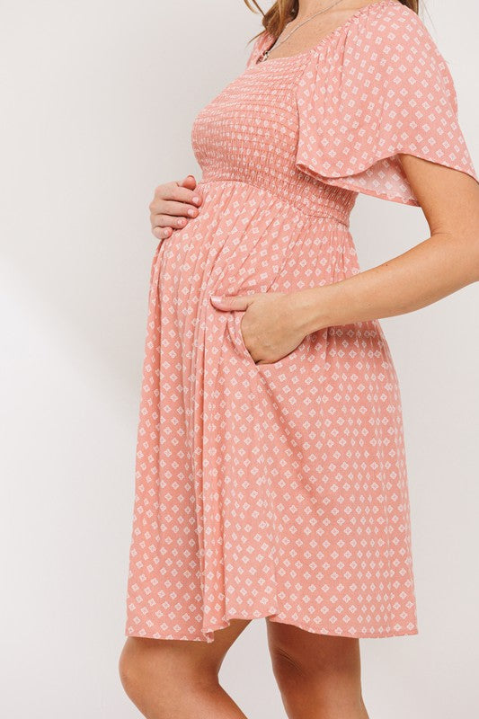 Rose/White Smocked Short Sleeve Maternity Dress