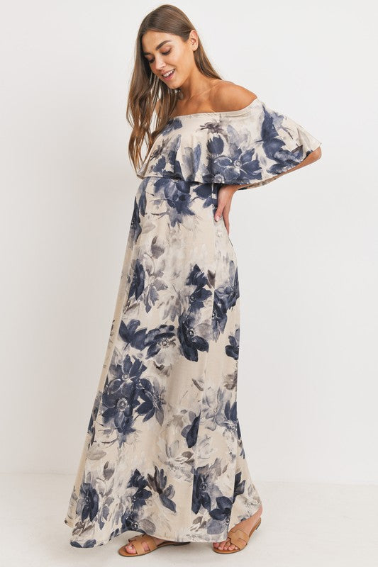 Taupe/Blue Floral Off Shoulder Maxi Dress