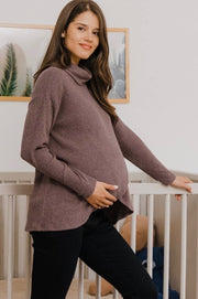 Deep Mauve Ribbed Maternity to Nursing Turtleneck Sweater