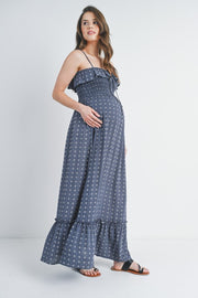 Navy Smocked Sleeveless Floral Maternity Maxi Dress