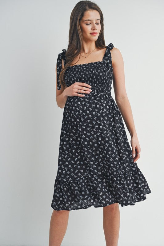 Black Smocked Tie-Shoulder Maternity Floral Midi Dress