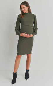Olive Ribbed Nursing Friendly Maternity Dress