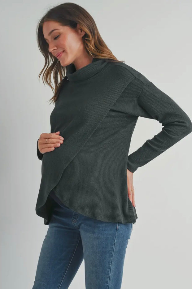 Deep Green Ribbed Maternity to Nursing Turtleneck Sweater
