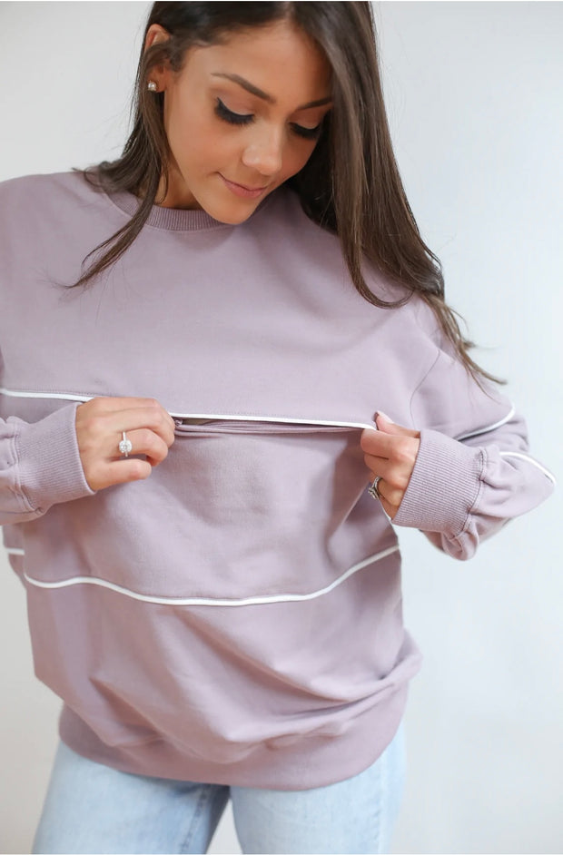 Move Mama Nursing Piping Sweatshirt with Hidden Zipper- Lavender