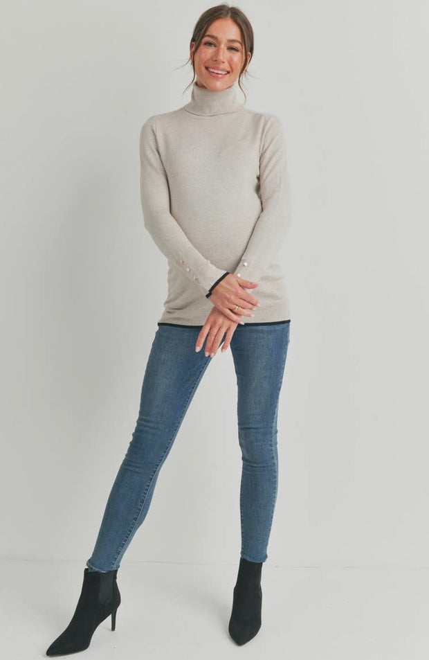 Oatmeal Maternity Sweater With Sleeve Buttons