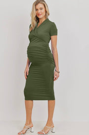 Olive Surplice Ruched Maternity Nursing Midi Dress