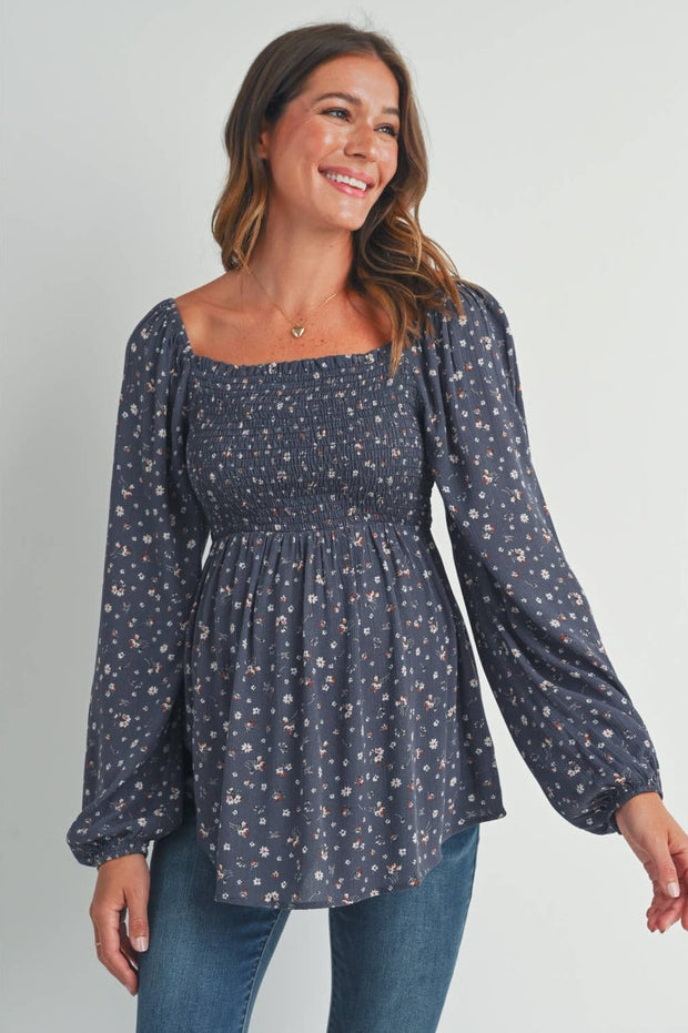 Floral Print Smocked Maternity Blouse- Navy