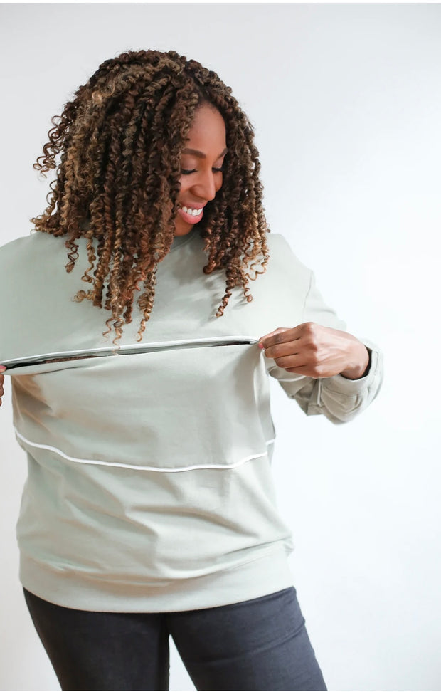 Move Mama Nursing Piping Sweatshirt with Hidden Zipper- Sage