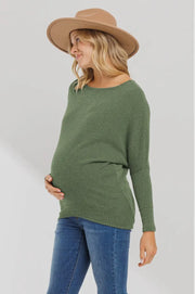 Rib Knit Dropped Shoulder Maternity Top- Olive