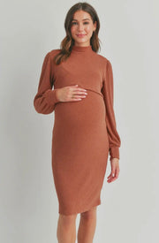 Ribbed Nursing Friendly Maternity Dress- Rust