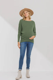 Rib Knit Dropped Shoulder Maternity Top- Olive