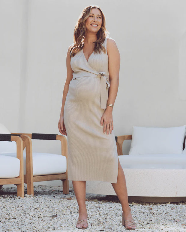 Barbara Knit Maternity to Nursing Midi Dress in Sand