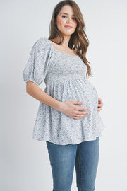 Floral Puff Sleeve Maternity Smocked Top