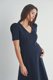 Navy Puff Sleeve Maternity Dress