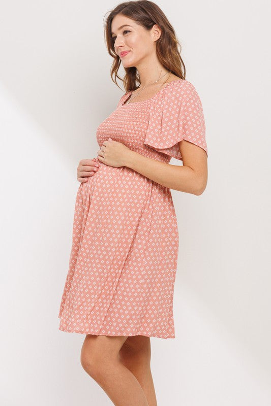Rose/White Smocked Short Sleeve Maternity Dress