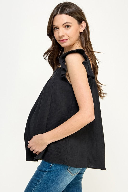Ruffle Sleeve Maternity Cotton Top- Black