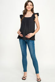 Ruffle Sleeve Maternity Cotton Top- Black