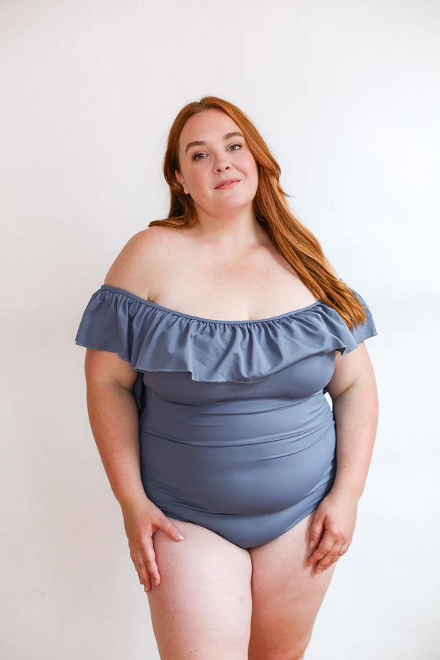 Slate Blue One Piece Ruffle Maternity to Nursing Swimsuit