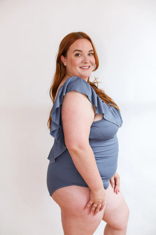 Slate Blue One Piece Ruffle Maternity to Nursing Swimsuit