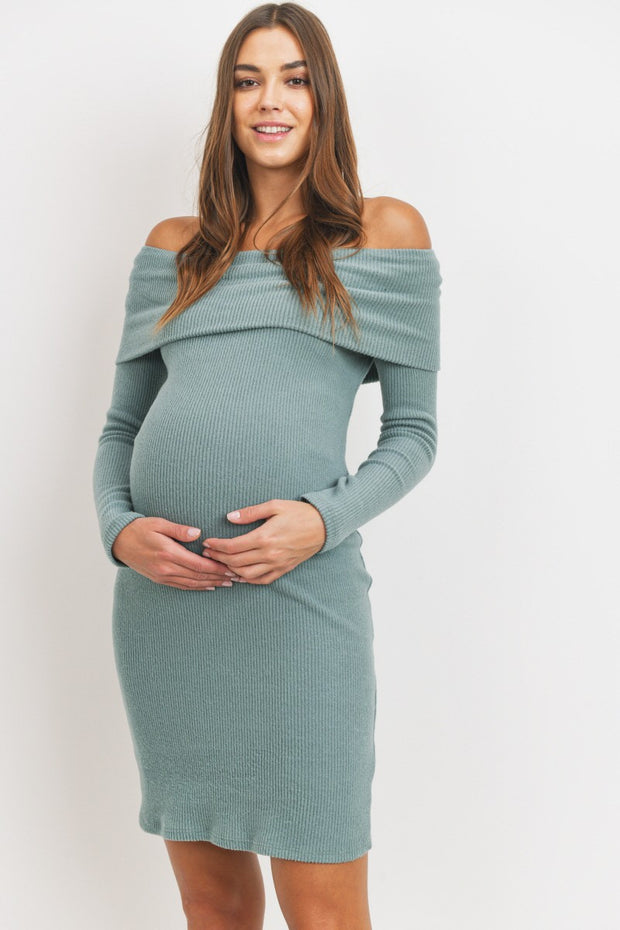 Brushed Knit Maternity to Postpartum Off Shoulder Dress- Sea Blue