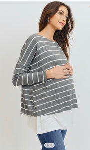 Gray/White Stripe Maternity to Nursing Layered Top