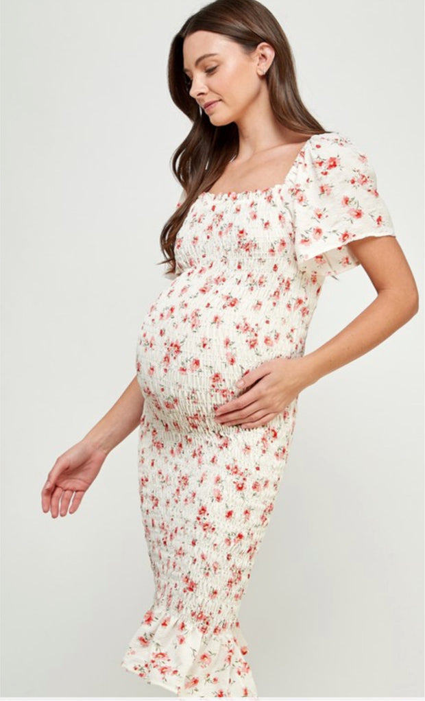 White Floral Smocked Maternity Dress